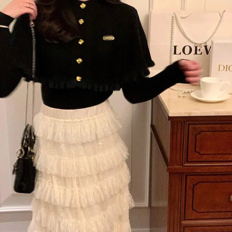 French Gentle Christmas Sweater Twopiece Set Cardigan Female Autumn Winter Slim Base Temperament Knitting Shawl Top
