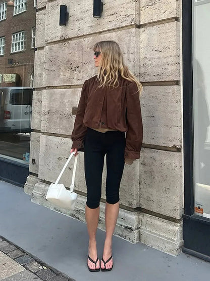 Retro Brown Suede Short Jacket Stand Collar Full Sleeves Single Breasteds Loose Coats Autumn Lady Street Wear