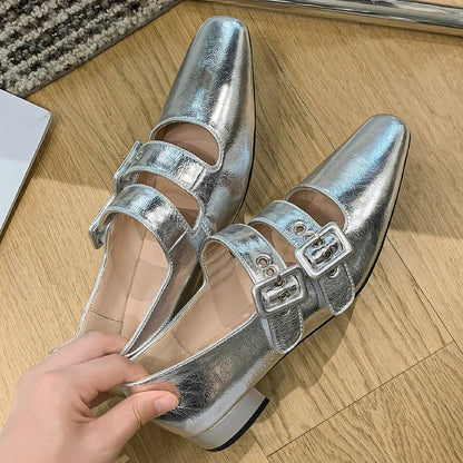 Genuine Leather Double Metal Buckle Slipon Mary Jane Flats Sqaure Toe Female Soft Comfortable Ballerinas Shoes