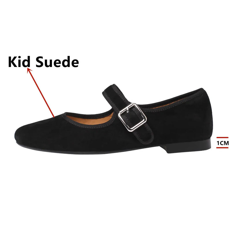 Flats Spring Summer Round Toe Genuine Leather Buckle Strap Mary Janes Office Lady Working Shoes Woman Concise