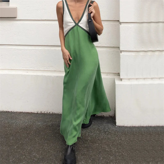 Dress Summer Clothes Contrast Color Patchwork V Neck Sleeveless Long Dresses Evening Party Dresses