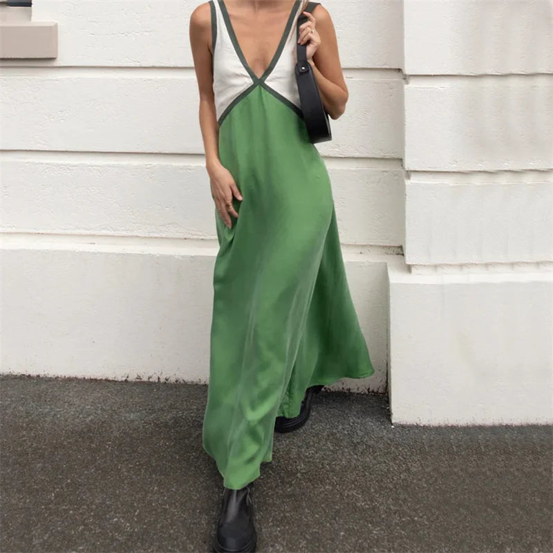 Dress Summer Clothes Contrast Color Patchwork V Neck Sleeveless Long Dresses Evening Party Dresses