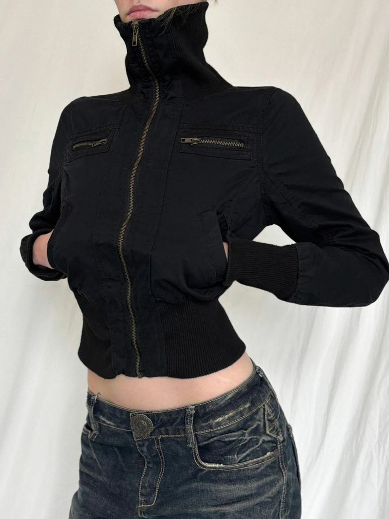 Korean Street Style Black Zip Up Turtleneck Slim Long Sleeve Bomber Jackets for Autumn New Gothic Outwears