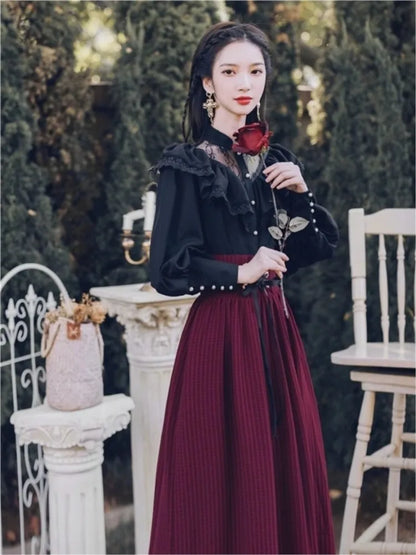 Gothic Two-piece Skirt Sets Black Lace Ruffle Blouse Lace-up Midi Skirt Autumn New Court Retro Suits Y2k Outfits