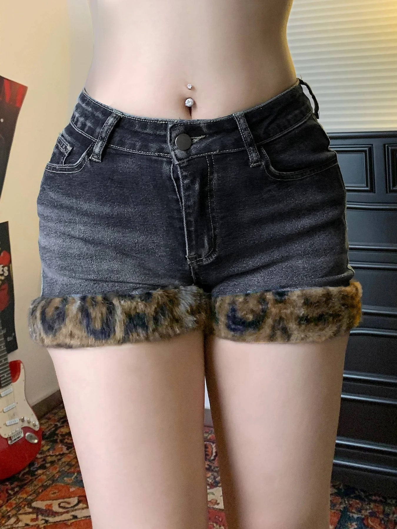 Y2k Leopard Faux Fur Spliced Jean Shorts Street Shorts Retro Exquisite