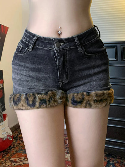 Y2k Leopard Faux Fur Spliced Jean Shorts Street Shorts Retro Exquisite