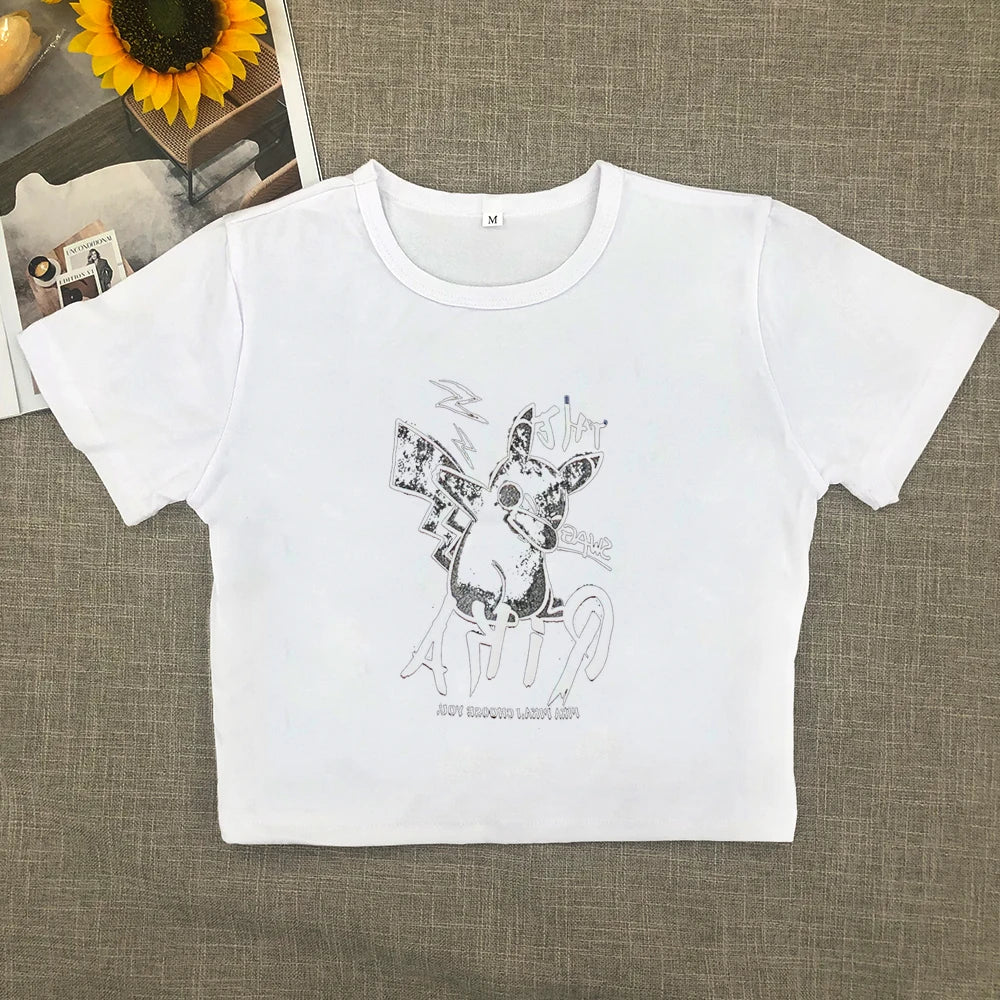 Sweet and Spicy New Printed Short-sleeved Short T-shirt Summer Spice Slimming Everything With Shoulder Clothes