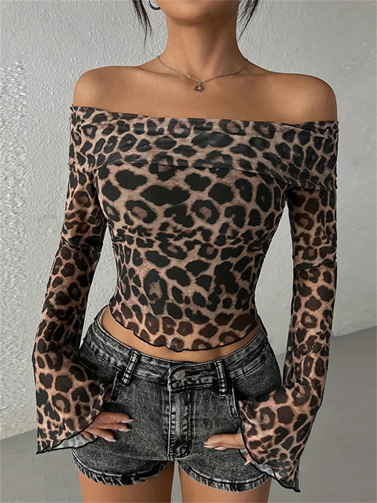Leopard Printed Mesh T-shirt Top for Off-shoulder Long Sleeve Cropped Y2k Top Pullover Contrast Female Slim Tee
