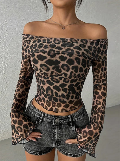 Leopard Printed Mesh T-shirt Top for Off-shoulder Long Sleeve Cropped Y2k Top Pullover Contrast Female Slim Tee