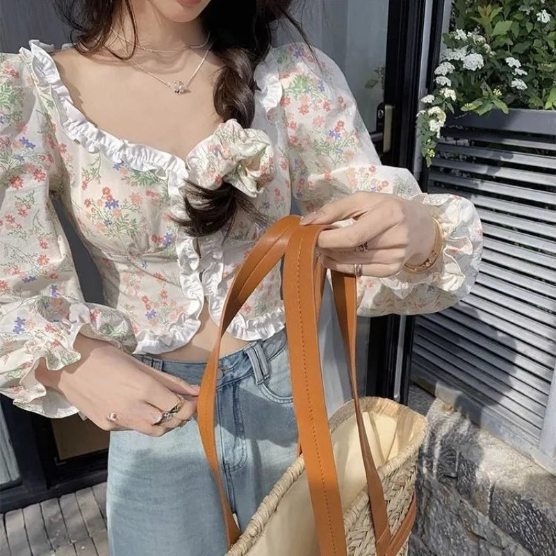 Blouse Printed Ruffles Square Collar Sweet Long Sleeve Crop Tops French Style Spring Tops