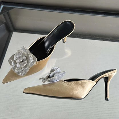 Designer Crystal Flower Silk Pointed Toe Slippers Thin Heels Party Dress Mule Shoes