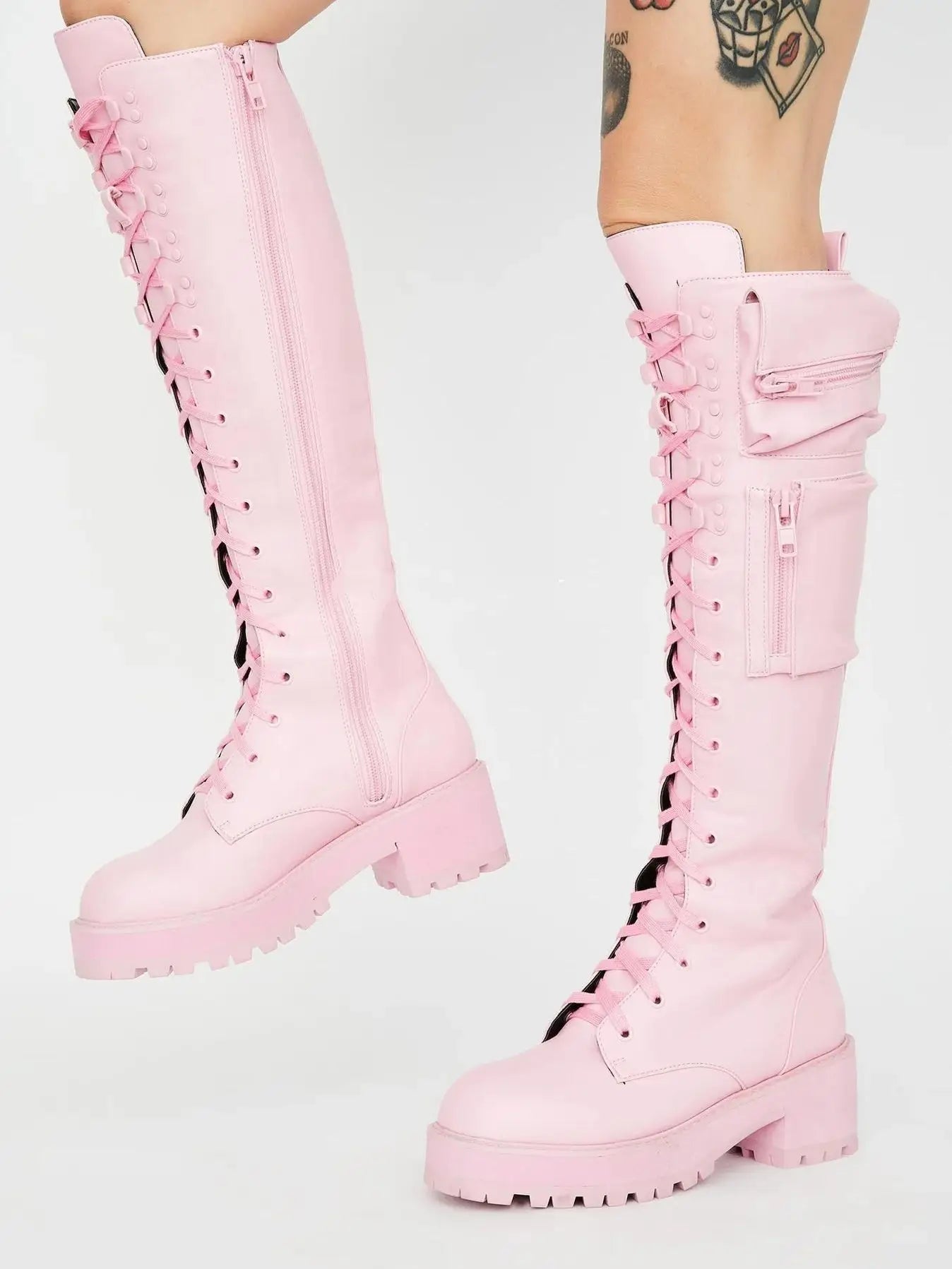 Motorcycle Boots Round Toe Laceup Knee High Heels Side Zipper 39 Big Size Goth Punk Shoes