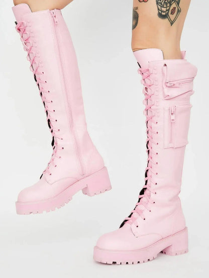 Motorcycle Boots Round Toe Laceup Knee High Heels Side Zipper 39 Big Size Goth Punk Shoes