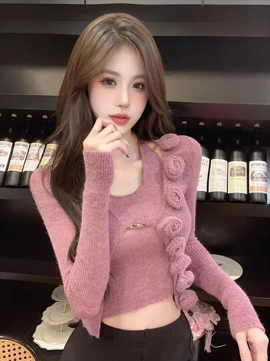 Sweet Hot Girl Pure Suit Autumn and Winter Knitted Cardigan Short Slimfit Halter Vest Twopiece Set Female Clothes