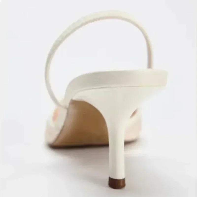 Mesh Embroidered Brand Sandals String Bead Thin Heels Mules Shoes Pointed Toe Slingback Slippers Zapatos De Mujer