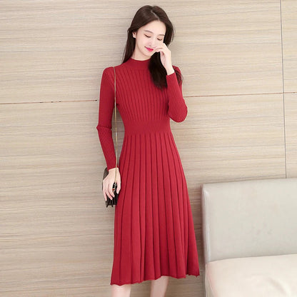 Autumn Winter O Neck Thick Maxi Knit Sweater Pullovers Dress Basic Aline Sweater Female Long Party Office Dresses
