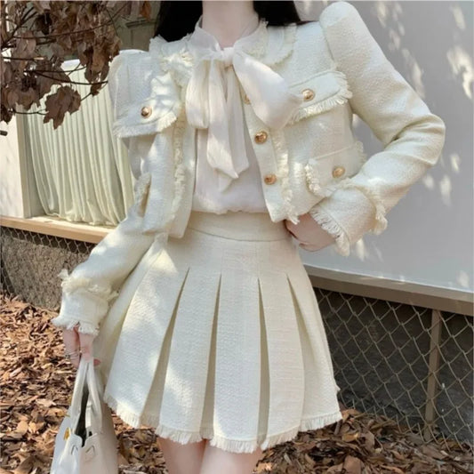 Autumn New French Tweed Two-piece Skirt Set Short Jacket Coat + Pleated Mini Skirt Suits Korean Outfits