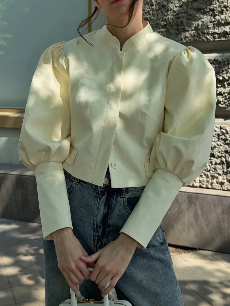 Retro Stand Collar Short Shirt Single Breasted Puffy Sleeve Shirts Coat Lady Versatile