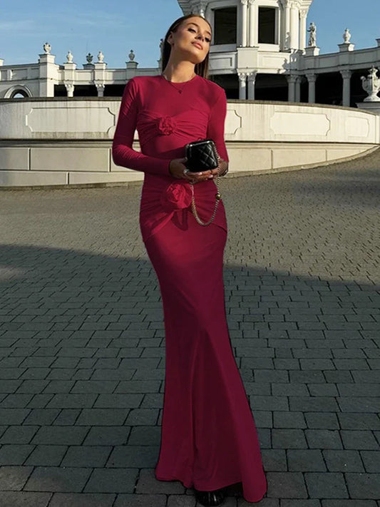 Slim Ruched Flower Maxi Dress for Long Sleeve Party Outfits High Elasticity Dresses