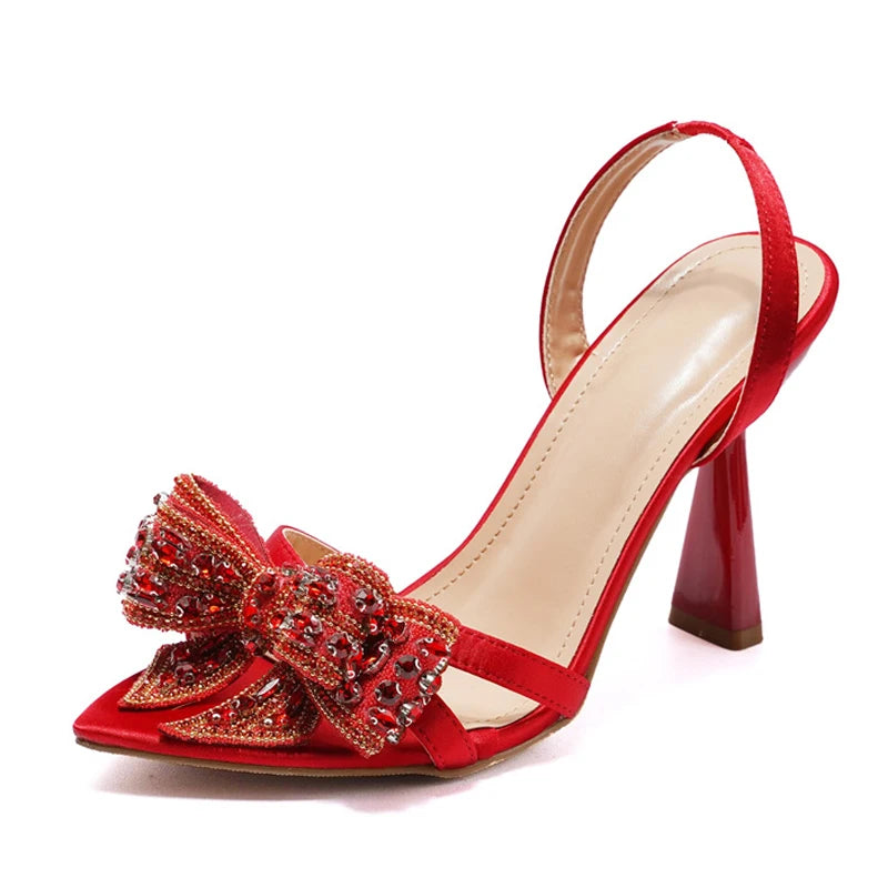 Crystal Rhinestone Bowknot Pointed Open Toe Back Strap Sandals Pink High Heels Wedding Prom Shoes Size 3541