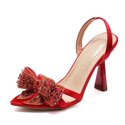 Crystal Rhinestone Bowknot Pointed Open Toe Back Strap Sandals Pink High Heels Wedding Prom Shoes Size 3541