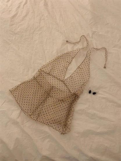 Vneck Seethrough Waistcoat Polka Dot Y2k Top Halter Fold Vest Woman Tanks Korean Ropa De Mujer