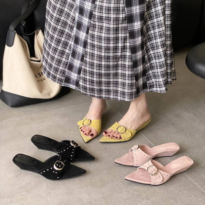 Shoes Woman Pointed Toe Slippers Summer Rivet Slides on a Wedge Low Flock Designer Rome Hoof Heels Fabric Rubber Fas