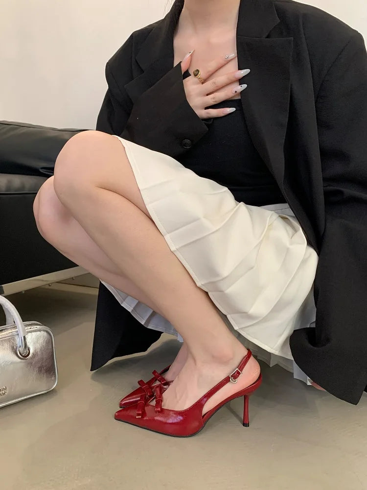 Spring Butterflyknot Buckle Strap Pumps Pointed Toe Thin High Heels Party Wedding Shoes