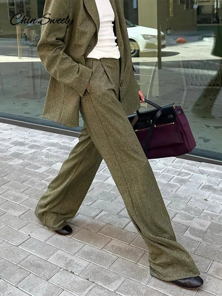 Coat Pant Sets Woman Lapel Long Sleeve Single Breasted Blazer Wide Leg Pants 2 Piece Set for Loose Outfits