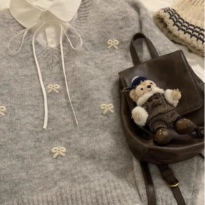 Sweet Hot Girl Grey Bow Embroidered Sweater Autumn Loose Thickened Knitted Pullover Female Clothes