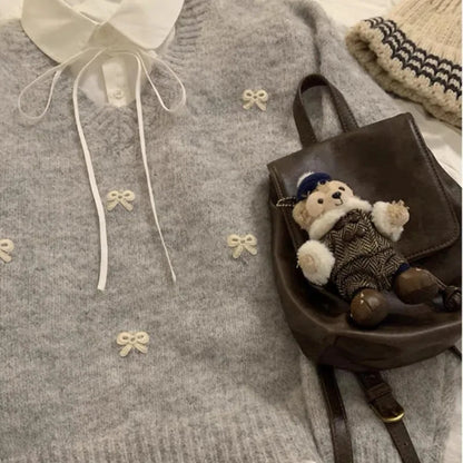 Sweet Hot Girl Grey Bow Embroidered Sweater Autumn Loose Thickened Knitted Pullover Female Clothes