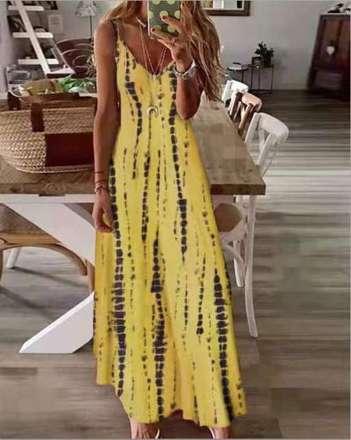 Printed Maxi Spaghetti Strap Dresses for V-neck Backless A-line Long Dress Style Beach Vestidos