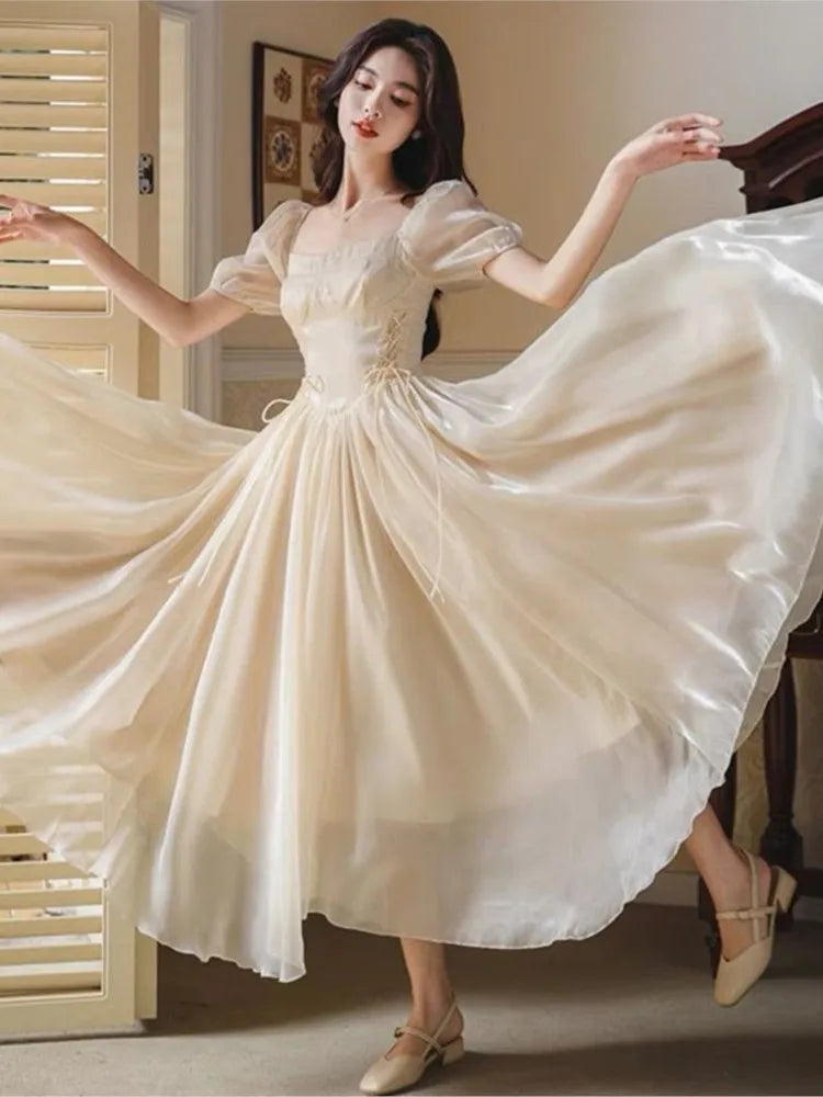 French Bubble Sleeves Dresses Summer Square Collar Evening Party Prom Sweet Chiffon Long Dress