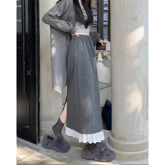 Contrast Color Lace Splicing Aline Skirt Spring New Korean High Waist Polka Dot Midlength Skirt
