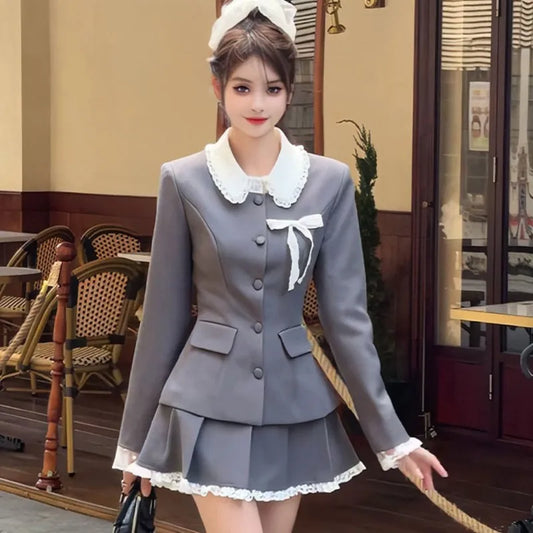 Two-piece Skirt Set Long Sleeve Single Breasted Blazer Coat Lace Pleated Mini Skirt Autumn Korean Outfits