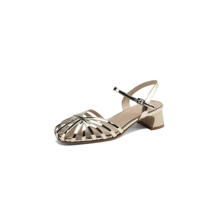 Split Leather Sandals Round Toe Chunky Heel Summer Shoes Narrow Band Shoes for Handmade Shoes Женские Сандалии