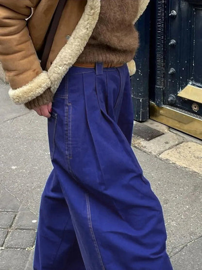 Wide Leg Pleated Pants for Loose High Waist Straight Striped Blue Street Pants Female Spring Street Trousers