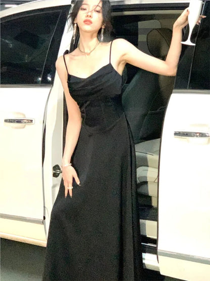 Midi Dress Sleeveless Vneck Spaghetti Strap Camisole Aline French Evening Party Prom Robe Vestidos