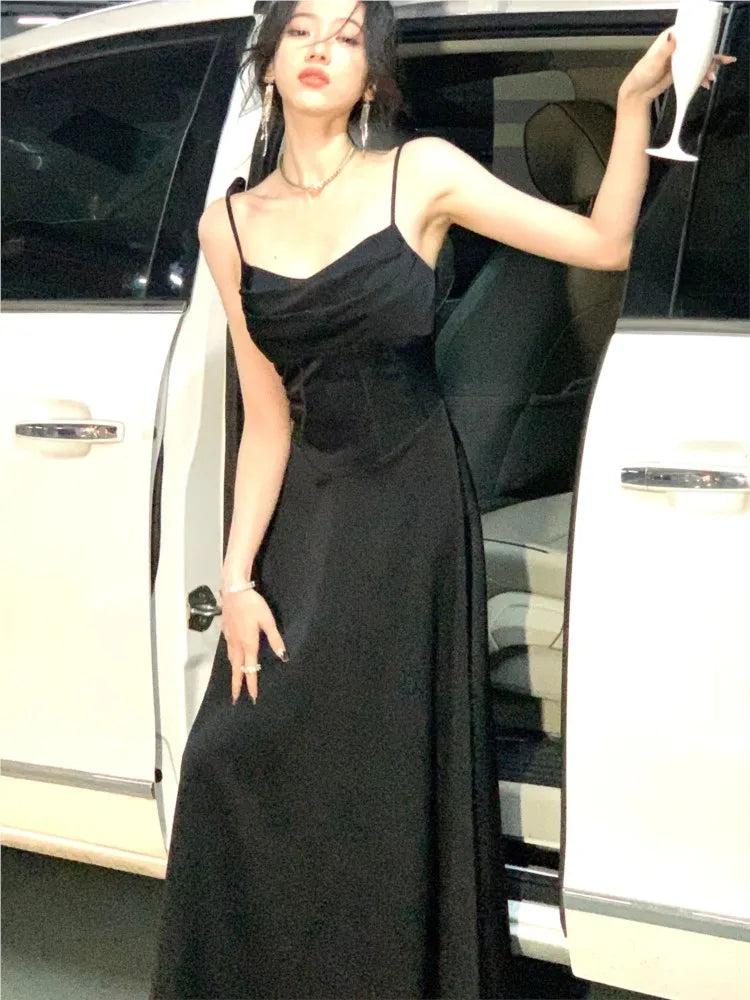 Midi Dress Sleeveless Vneck Spaghetti Strap Camisole Aline French Evening Party Prom Robe Vestidos