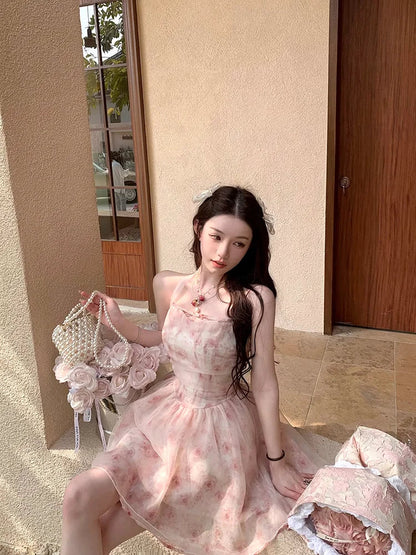 Halterneck Dress for Korean Pink Rose Chiffon Clothing New Summer Party Korean Long Dresses.