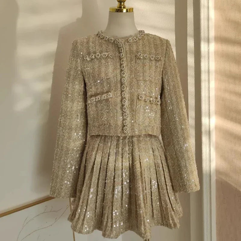 Small Fragrance Autumn Winter Beading Tweed Pearls Short Jacket Coat + Mini Pleated Skirt Suit Two Piece Sets Outifits