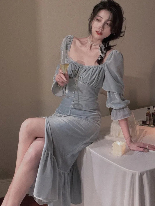 Velvet Long Dress for Y2k Split Evening Party Dress Korean Bodycon Design Vestidos Autumn New