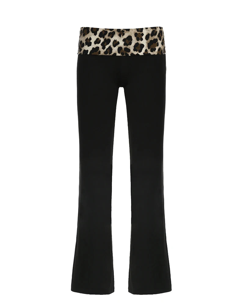 Patchwork Leopard Low Waist Y2k Flared Pants Slim Black Baddie Girl Trousers
