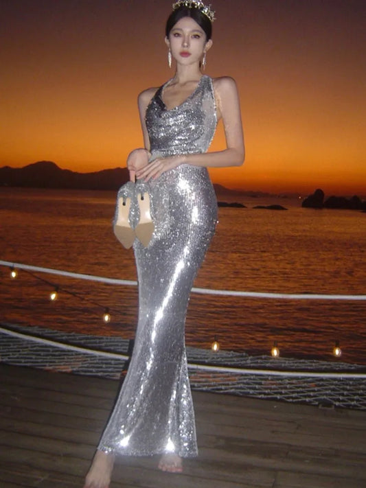 Bodycon Sequined Prom Robe V-neck Backless Sleeveless Evening Party Dress Wedding Slim Mermaid Long Dresses for New