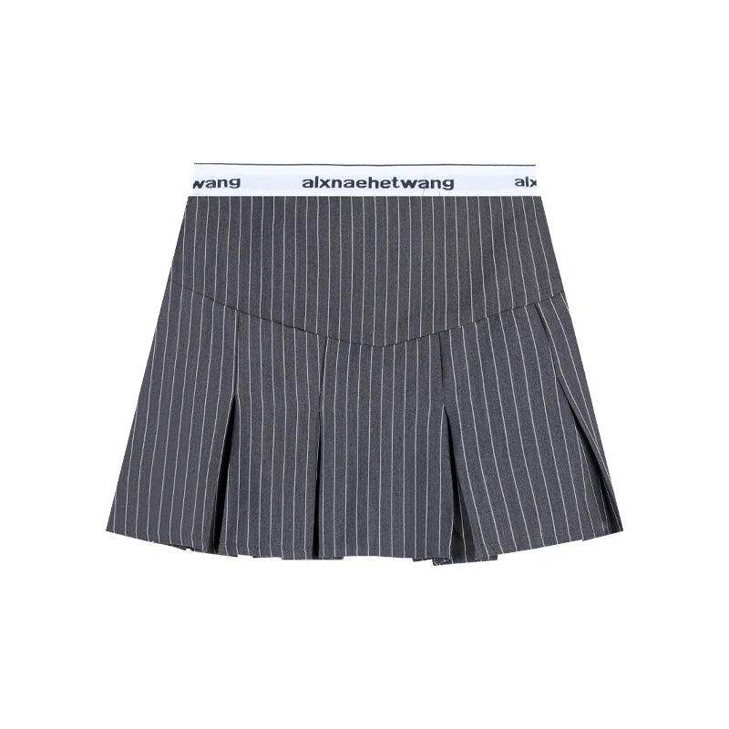 Contrast Color Patchwork Pleated Aline Skirt Spring New Fake Twopiece Letter Printed Slim Mini Skirt