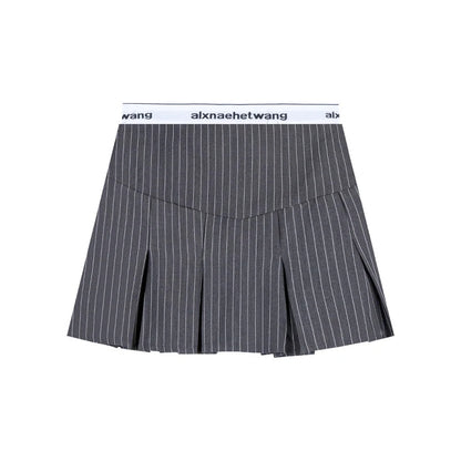 Contrast Color Patchwork Pleated Aline Skirt Spring New Fake Twopiece Letter Printed Slim Mini Skirt