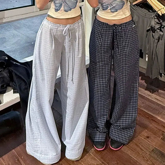 Summer Hot Retro American Lazy Style Straight Tube Loose Mid Low Waist Drawstring Plaid Pants