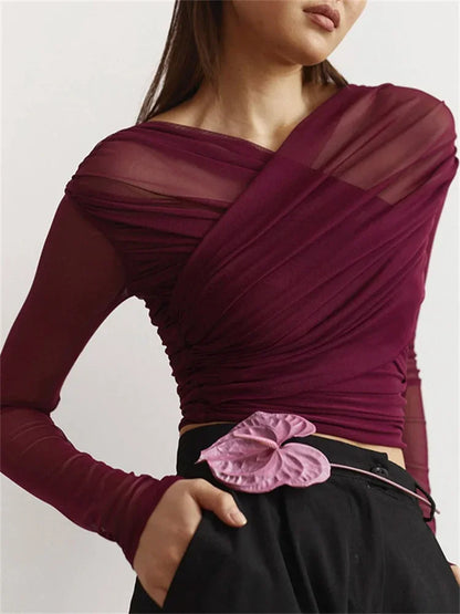 Mesh Patchwork V-neck T-shirt Top Female Long Sleeve Cropped Y2k Tee Pullover Inner ’s Top Autumn