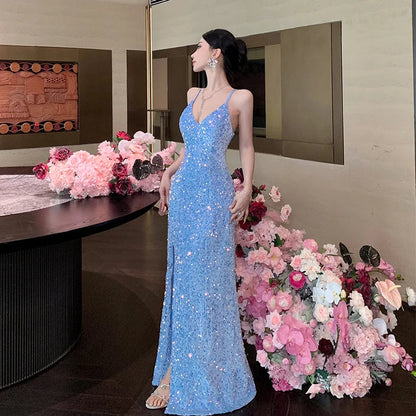 Blue Evening Gown Dresses Slim Backless Vneck Split Maxi Dress Robe Birthday Party Spring Autumn