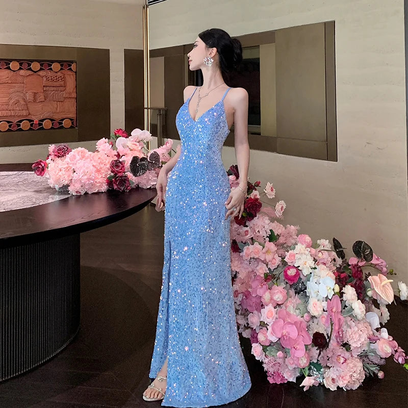 Blue Evening Gown Dresses Slim Backless Vneck Split Maxi Dress Robe Birthday Party Spring Autumn
